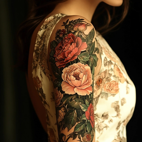 玫瑰牡丹叶子纹身手臂