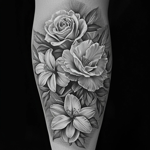 黑灰玫瑰百合牡丹腿部纹身