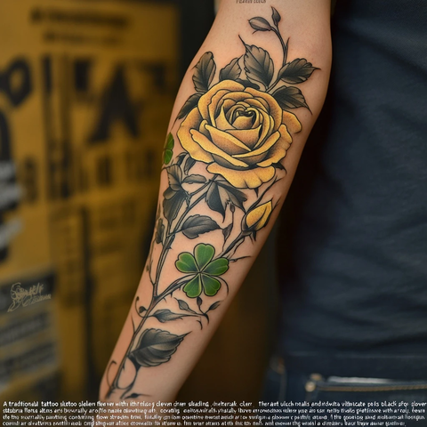 金玫瑰四叶草纹身臂