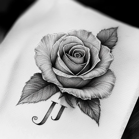 黑色灰调玫瑰纹身带字母