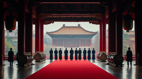 古建筑前红毯上站成一排的人群