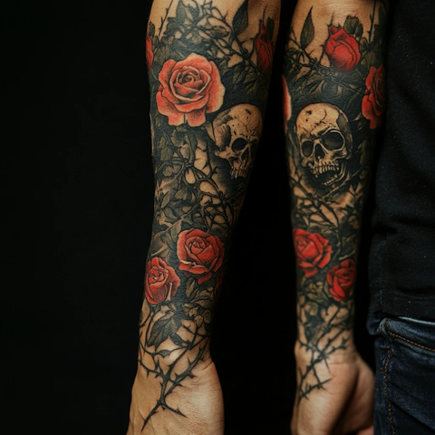 玫瑰荆棘骷髅半袖纹身