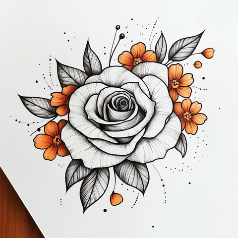 玫瑰与橙花黑白线稿设计