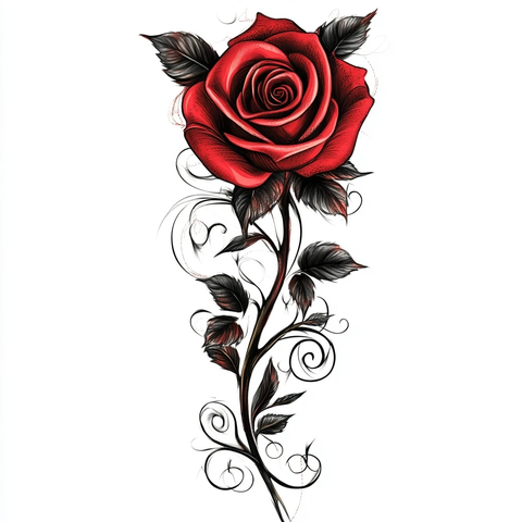 红色玫瑰纹身卷曲设计