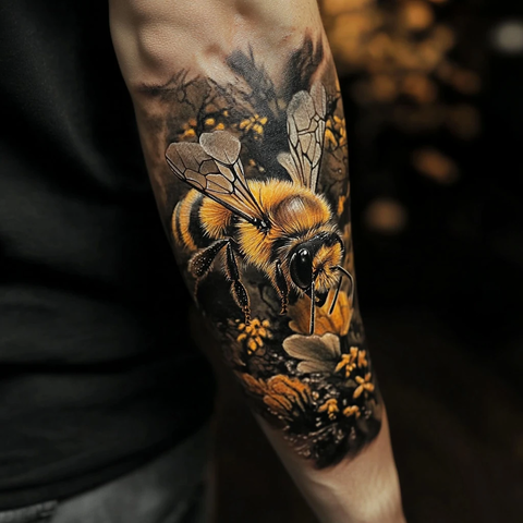 手臂蜜蜂写实纹身设计