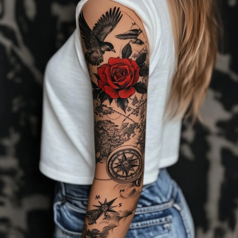 鸟与玫瑰地图纹身图案