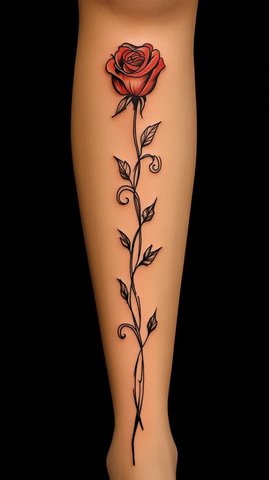 红玫瑰纹身细线条长茎设计