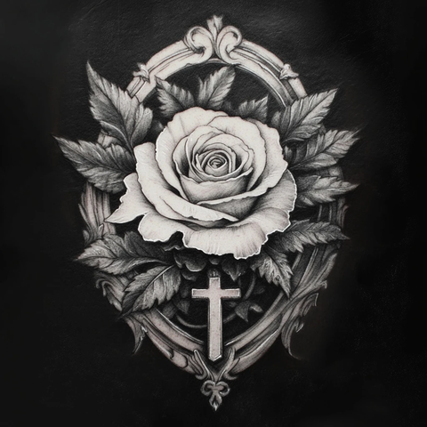 百合玫瑰十字架纹身设计