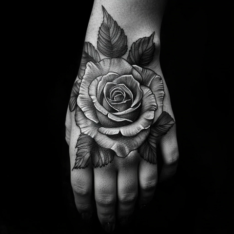 手掌玫瑰黑灰纹身