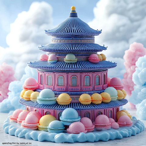 多层马卡龙堆叠成的天坛造型创意甜点