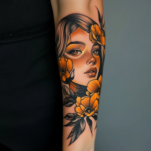 女子花卉纹身金铜风格