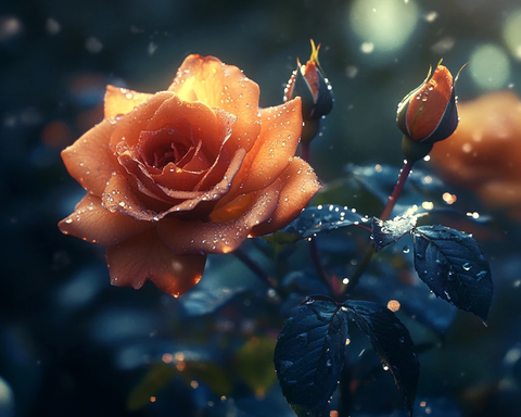 秋日晨露玫瑰花丛