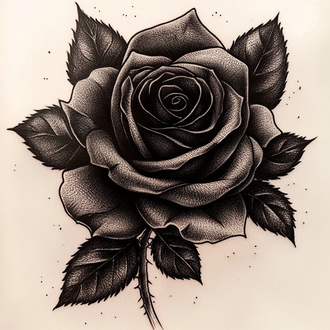 暗色玫瑰点绘纹身图案