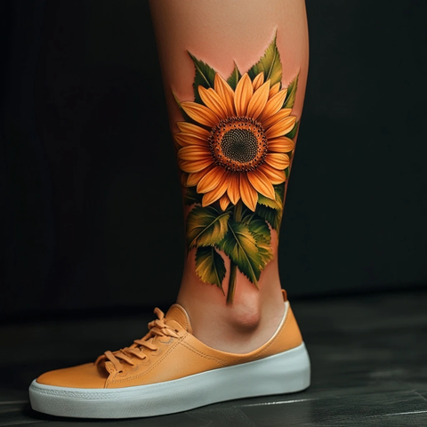 向日葵纹身腿部前侧