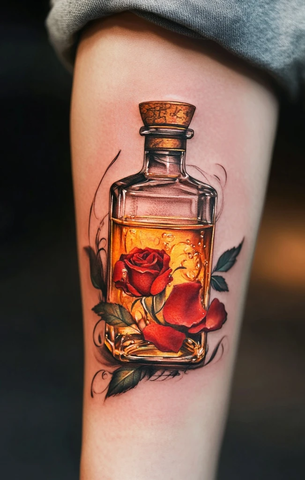 白酒瓶玫瑰花纹身设计