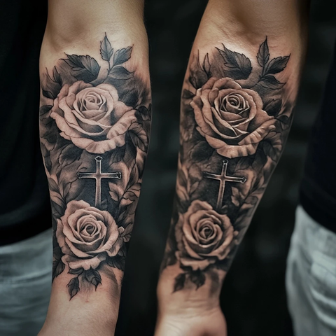 玫瑰花与十字架纹身袖