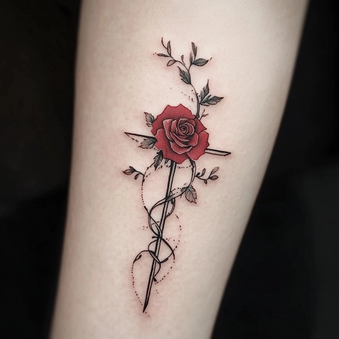 十字架红玫瑰藤蔓纹身