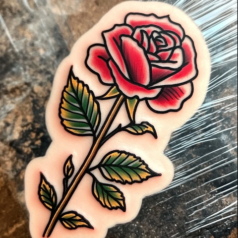 玫瑰带茎叶旗帜刺青图案