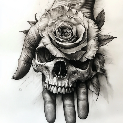 玫瑰骷髅黑白手绘纹身