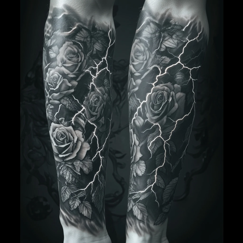 玫瑰闪电纹身环绕前臂