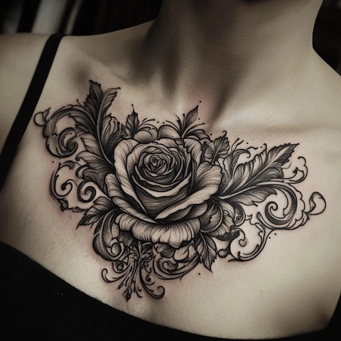 玫瑰刺青与雕花纹饰胸前设计