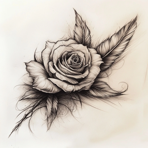 玫瑰羽毛纹身炭笔画