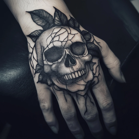 玫瑰骷髅手部纹身图案