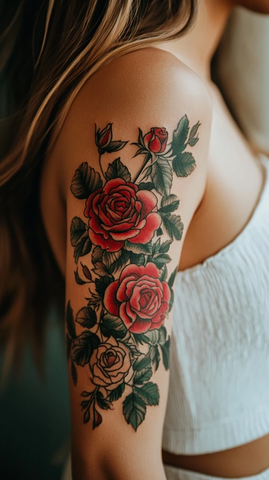 女性手臂红色玫瑰纹身