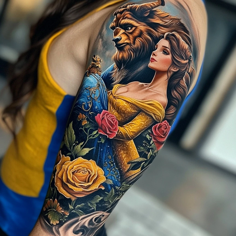 迪士尼角色纹身袖美女与野兽