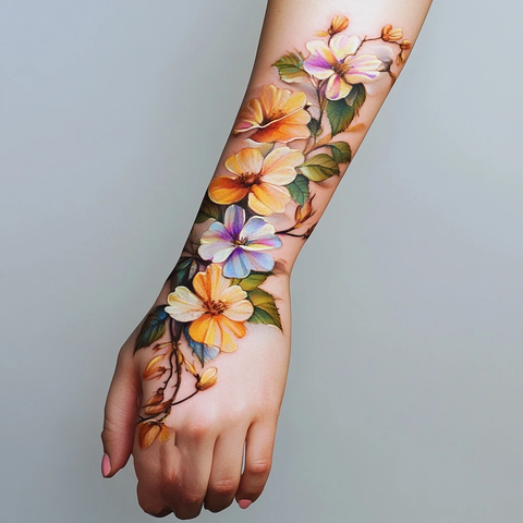 女性手臂花卉写实纹身