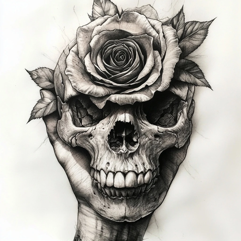 玫瑰与骷髅手部纹身设计