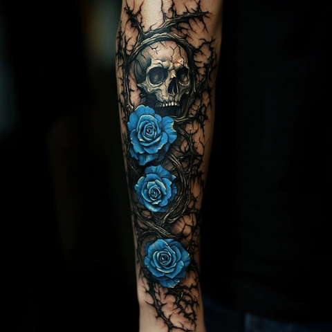 蓝玫瑰缠绕荆棘死神纹身