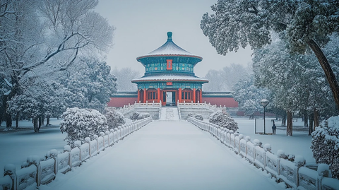 雪后天坛全景红墙蓝瓦尽显古建之美