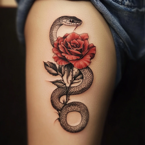 蛇缠绕红玫瑰纹身