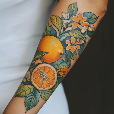 手臂纹身叶子花朵柠檬