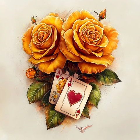黄玫瑰与扑克牌纪念纹身
