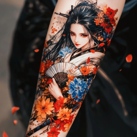 持扇握剑艺伎图