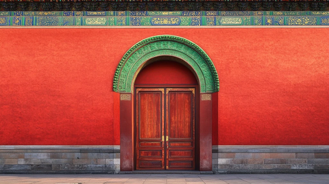 红墙绿拱木门的传统中式建筑风格