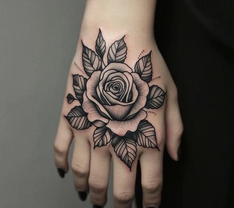 黑灰玫瑰手部纹身设计