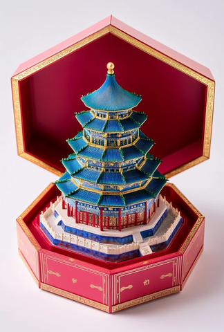 精致天坛模型置于红盒中的完整展示