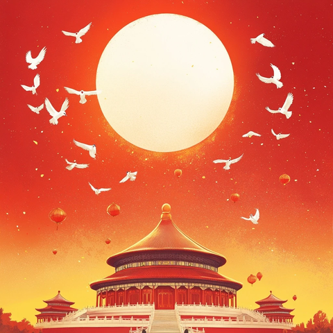 天坛夜景圆月当空白鸽飞舞