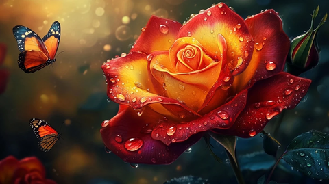 红黄玫瑰蝴蝶水滴细节
