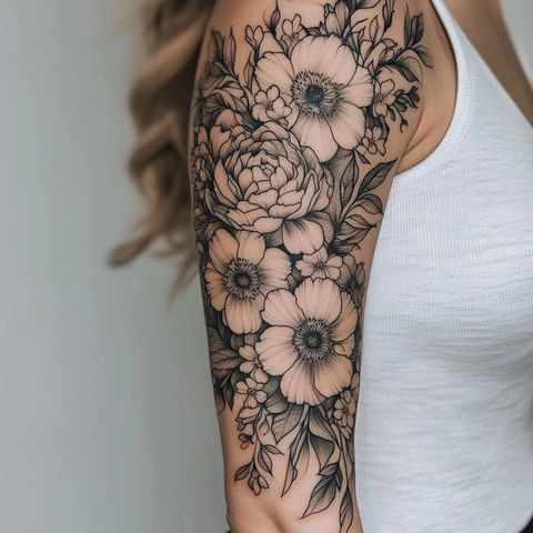 黑灰花卉纹身手臂设计