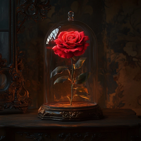 红玫瑰玻璃罩悬浮木桌