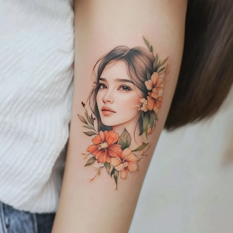 女子面部花艺微型写实刺青