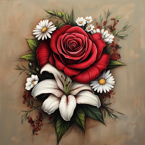 红玫瑰白雏菊白百合纹身