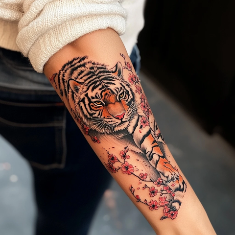 女人手臂虎纹身与海