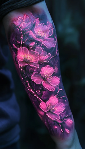 男性手臂樱花霓虹纹身