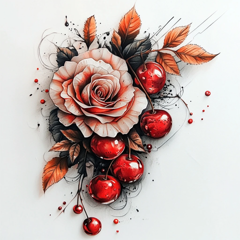 红樱桃玫瑰纹身设计