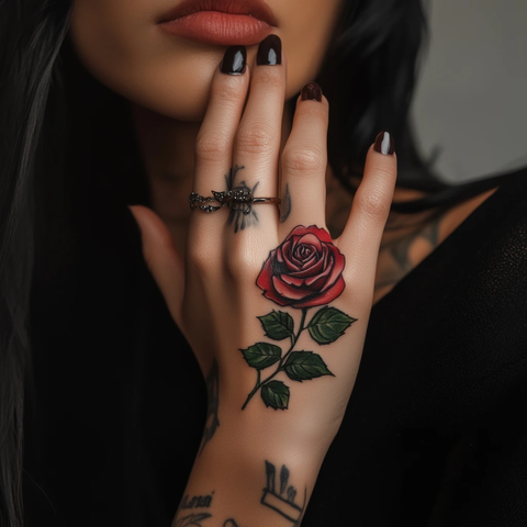 女人手玫瑰手指纹身